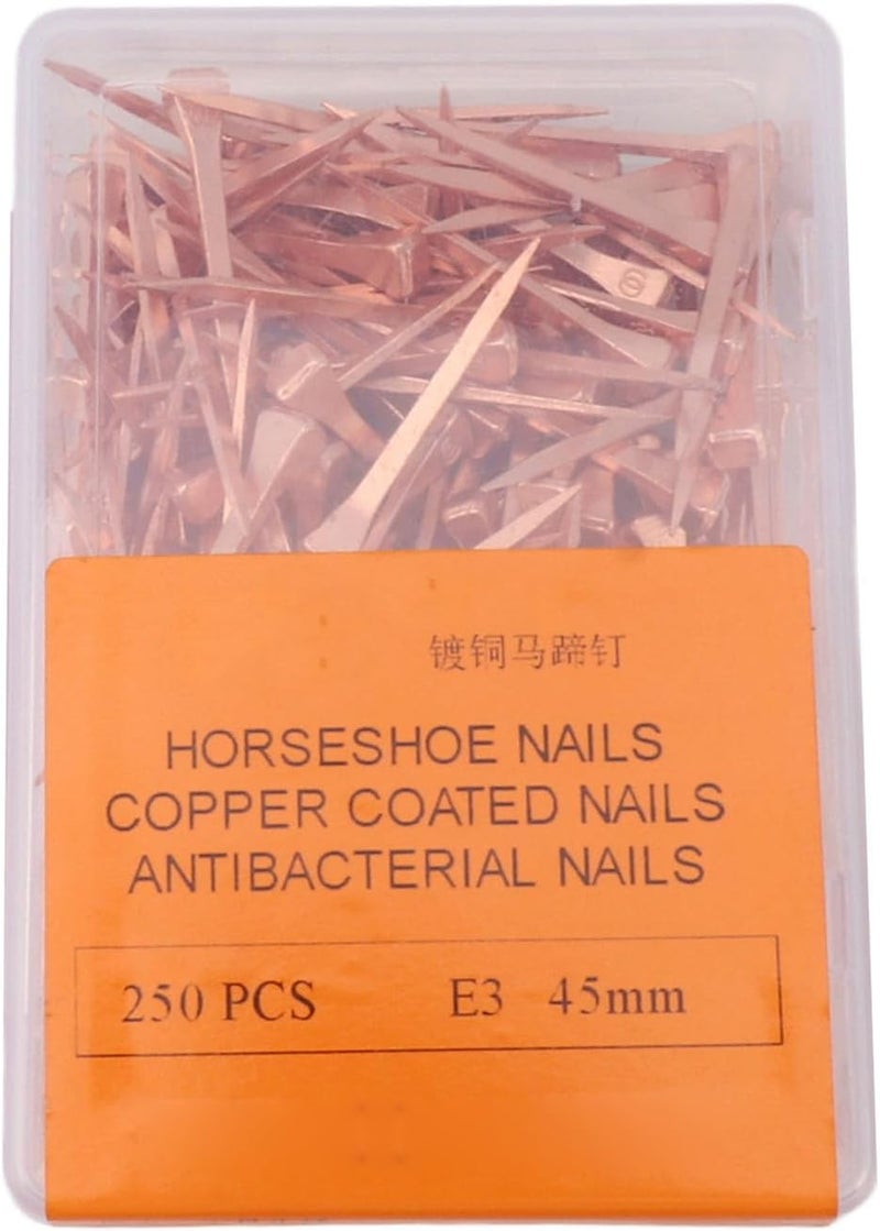 BORDSTRACT 250Pcs Horseshoe Nails, Copper Plating Shoeing Nails with Plastic Box, Copper Plated Horseshoe Nails, Equestrian Riding Equipment, for Raise Livestock(45mm Copper-Plated Nail E3) - Image 1